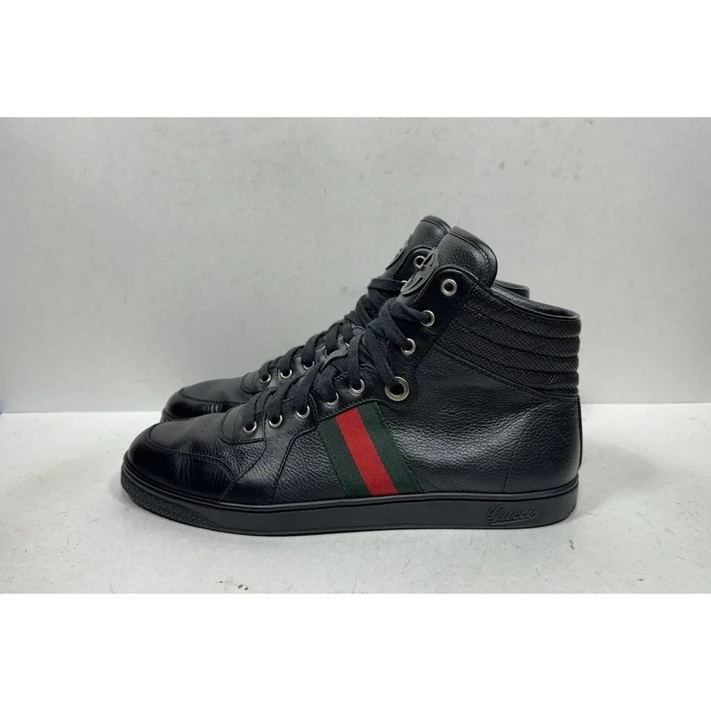 Gucci Web High Sneakers GG Black Leather High Top Men's Size 10 US / 9 G Shoes‎